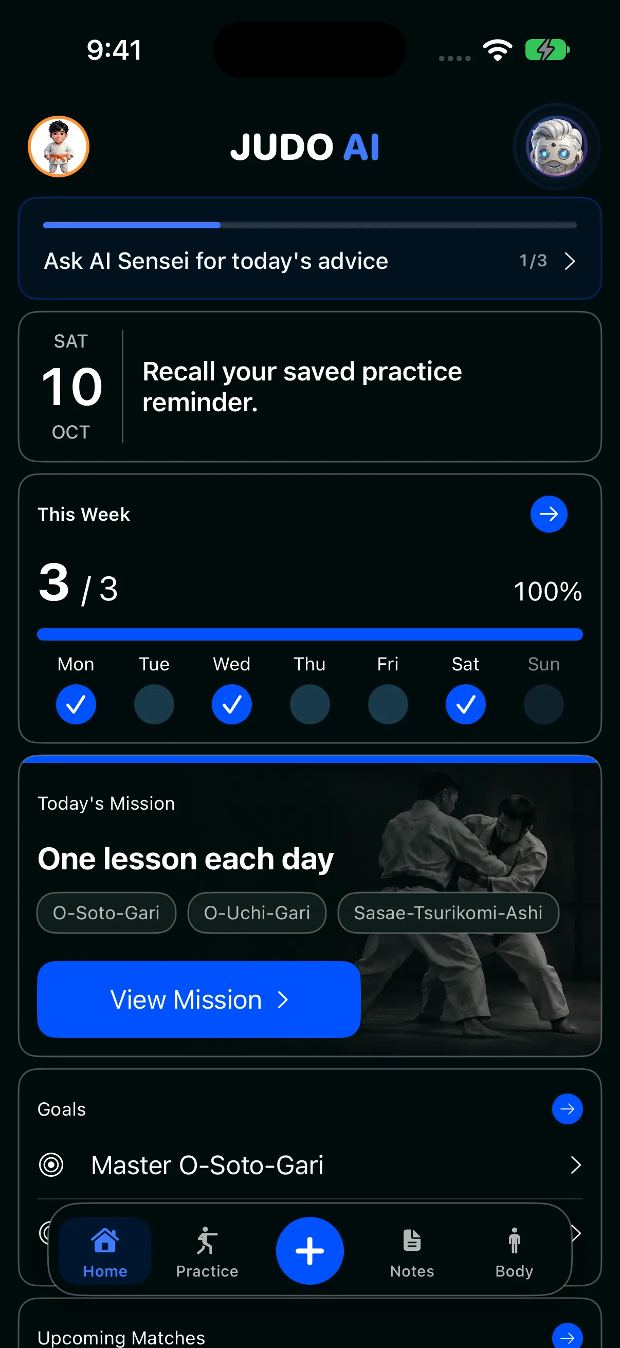 週間の練習進捗と今日のミッションを表示したJudo AIホーム画面